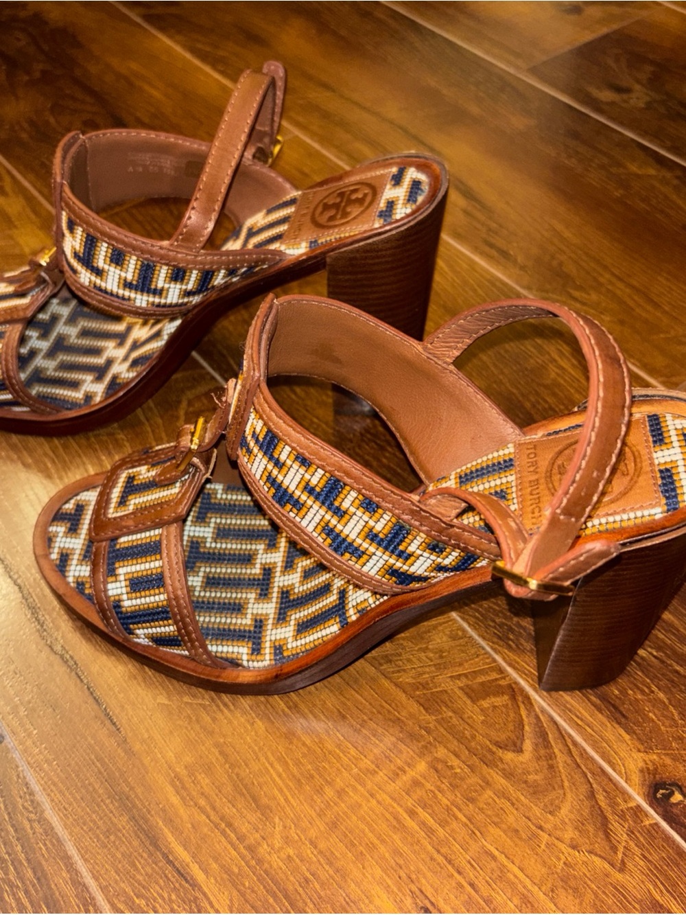 Tory Burch Brown Leather Strappy Block Heel shoes 11M
 - Brown/Navy/White